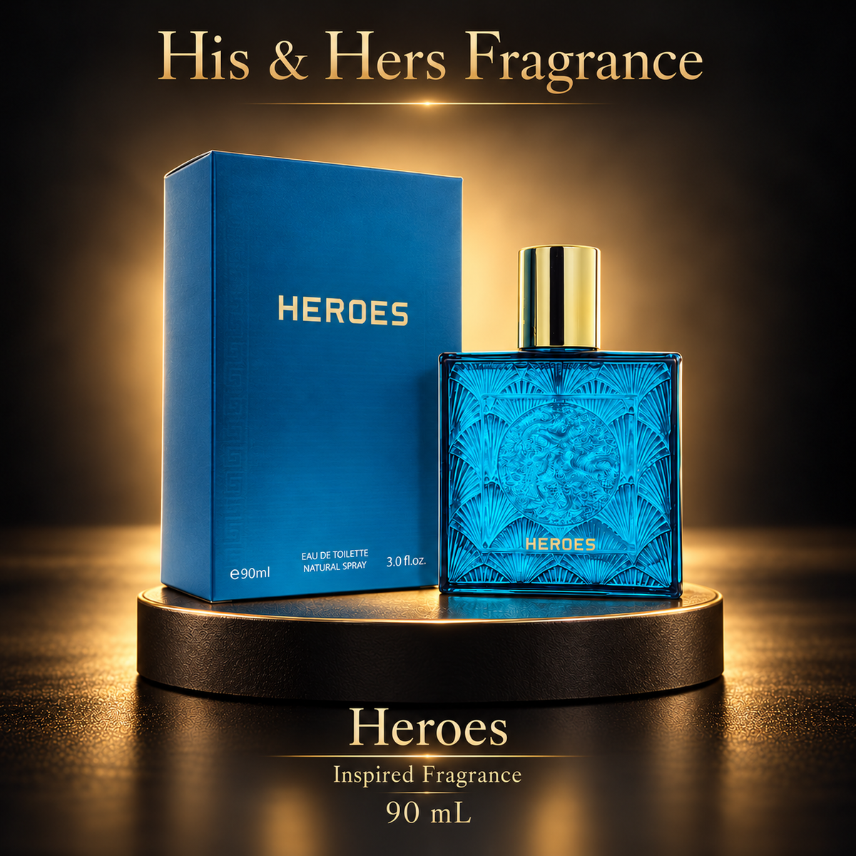 Heroes — Inspired Fragrance — 90 mL — matching champagne studio image.