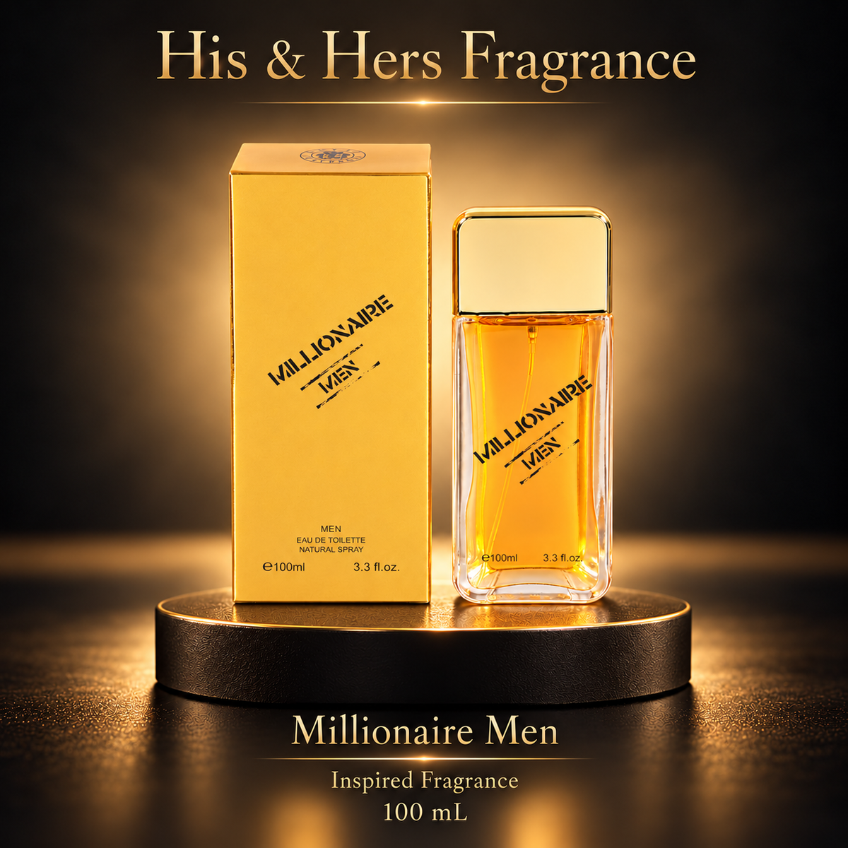 Millionaire Men — Inspired Fragrance — 100 mL — matching champagne studio image.