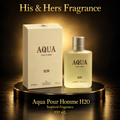 Aqua Pour Homme H2O 100 mL bottle beside its closed cream carton, His & Hers Fragrance black and gold card