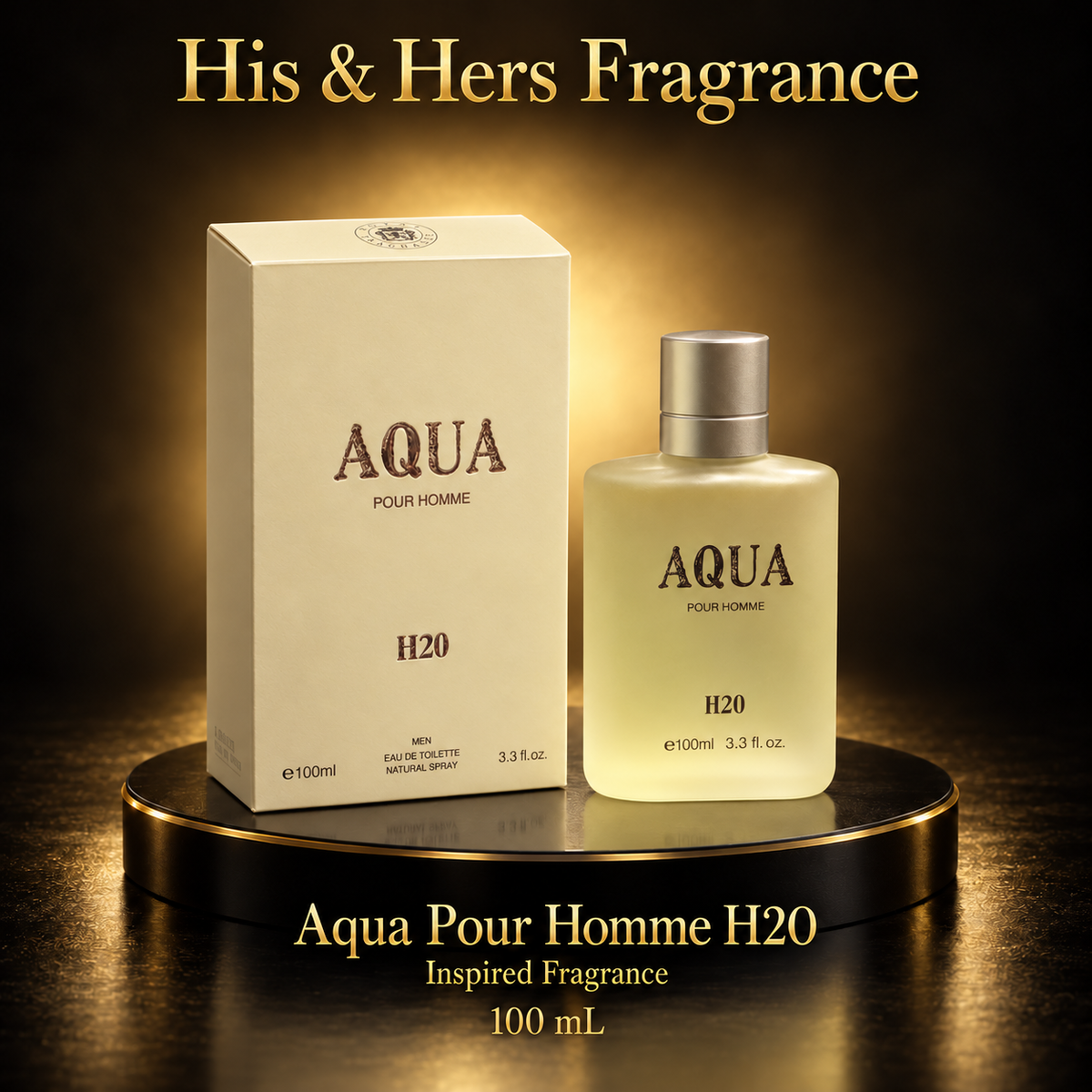Aqua Pour Homme H2O 100 mL bottle beside its closed cream carton, His & Hers Fragrance black and gold card