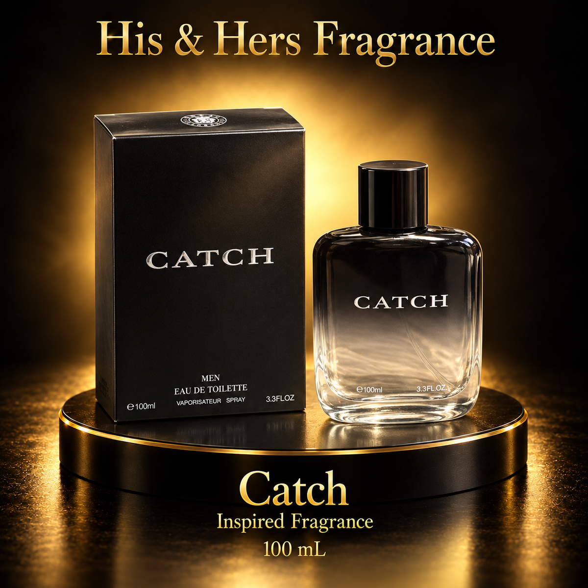 Catch 100 mL black-to-clear bottle and black carton, both labeled CATCH, in the His & Hers Fragrance black and gold theme.