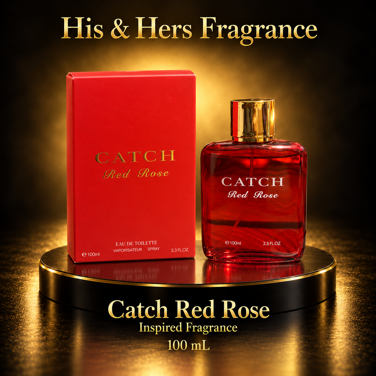 Catch Red Rose 100 mL red bottle and red carton in the His & Hers Fragrance black and gold theme.