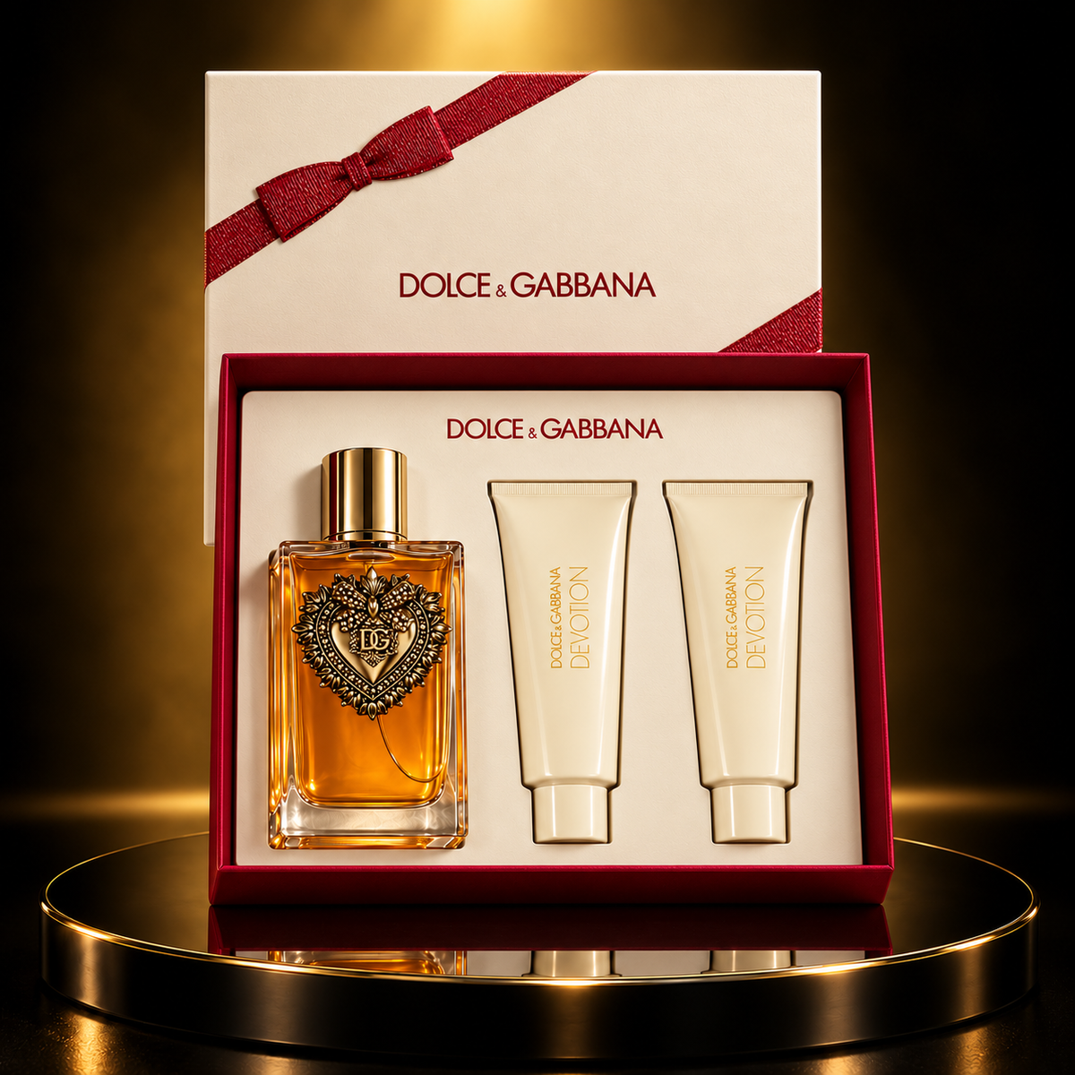 Dolce & Gabbana Devotion three-piece gift set with perfume and two tubes in an open presentation box