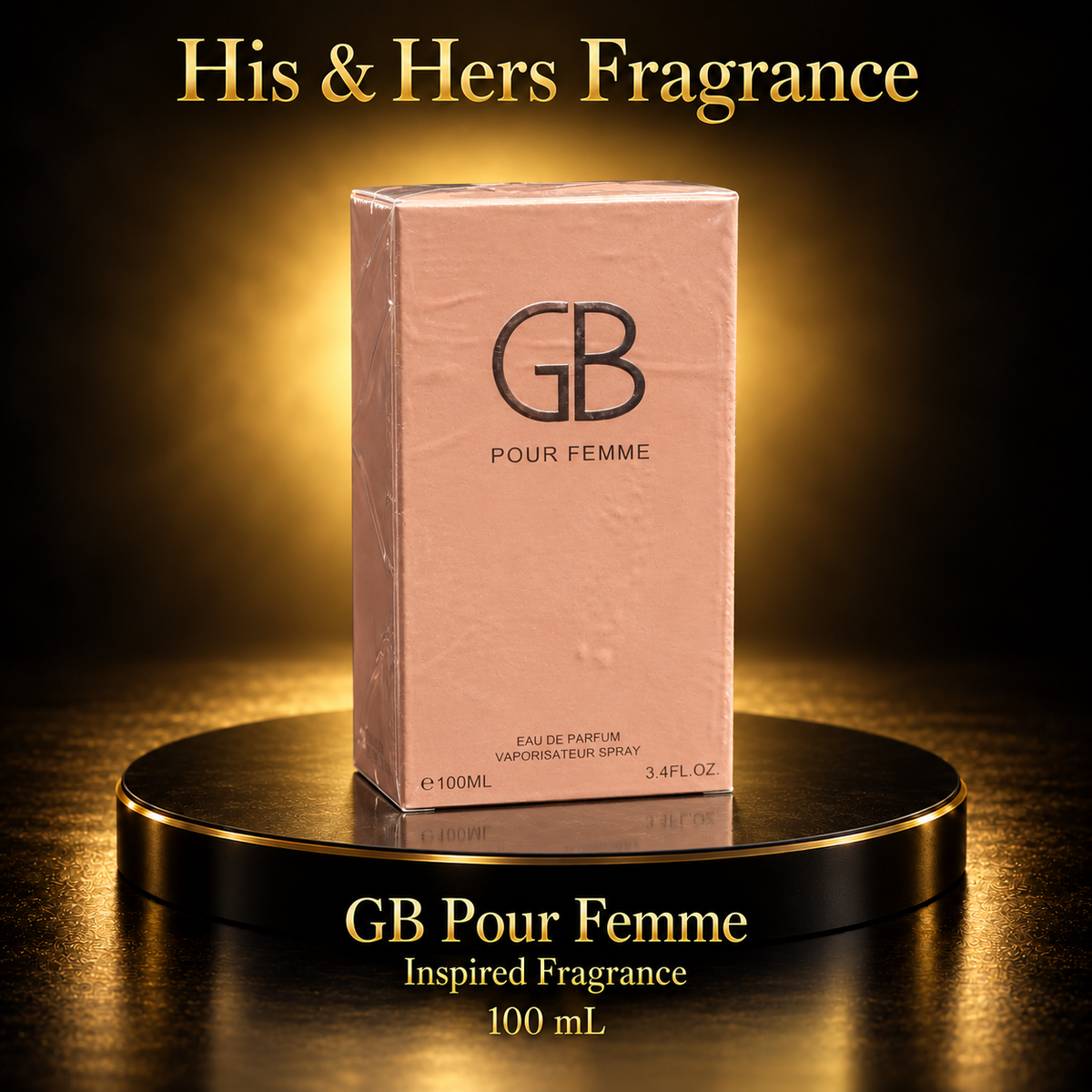 GB Pour Femme 100 mL peach carton in the His & Hers Fragrance black and gold theme.