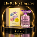 Perfecta 85 mL bottle with purple flower cap and yellow floral carton in black and gold studio card