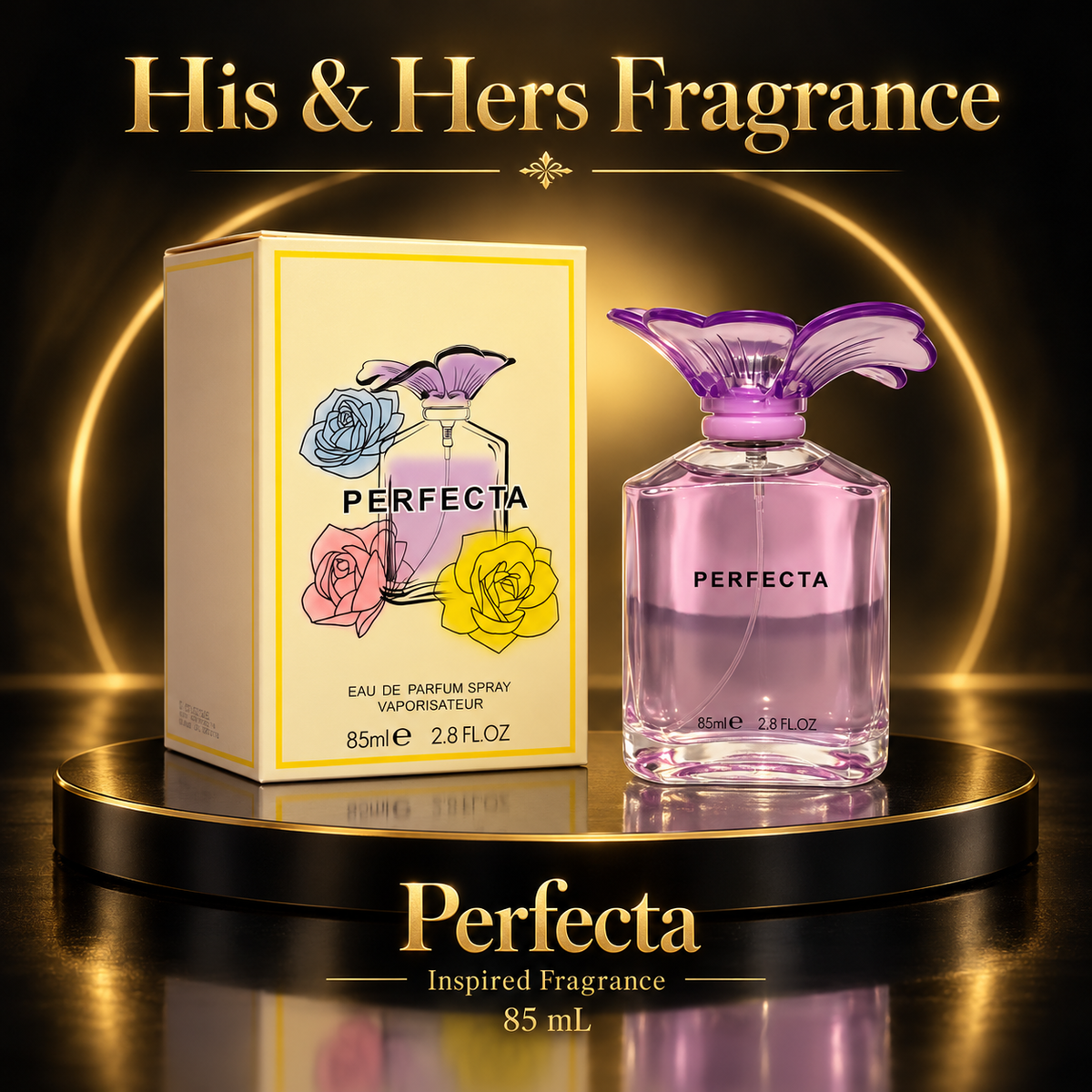 Perfecta 85 mL bottle with purple flower cap and yellow floral carton in black and gold studio card
