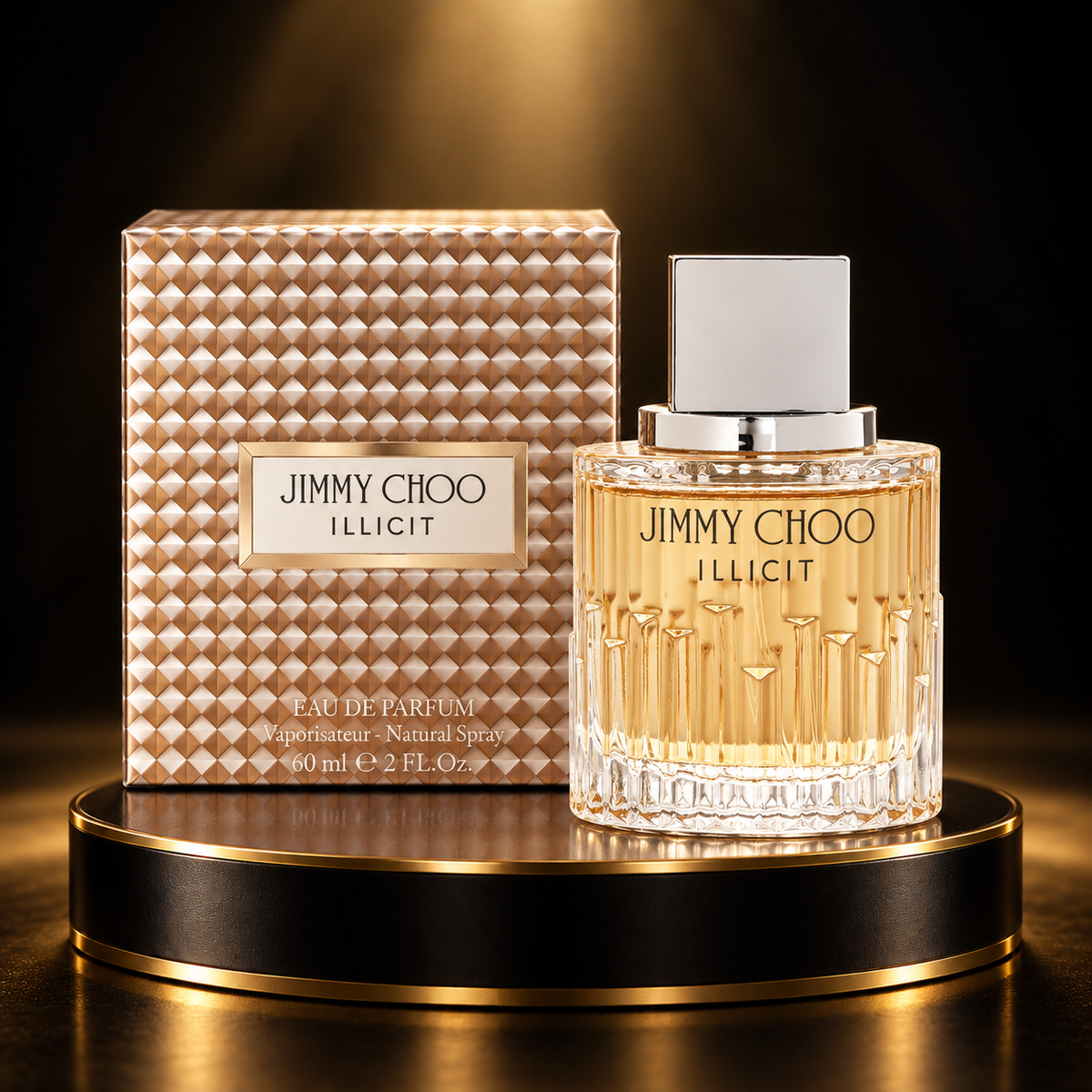 Jimmy Choo Illicit 60 mL bottle and carton in black and gold