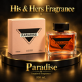 Paradise 100 mL — actual peach triangle carton and amber rectangular bottle with black cap, black and gold presentation.