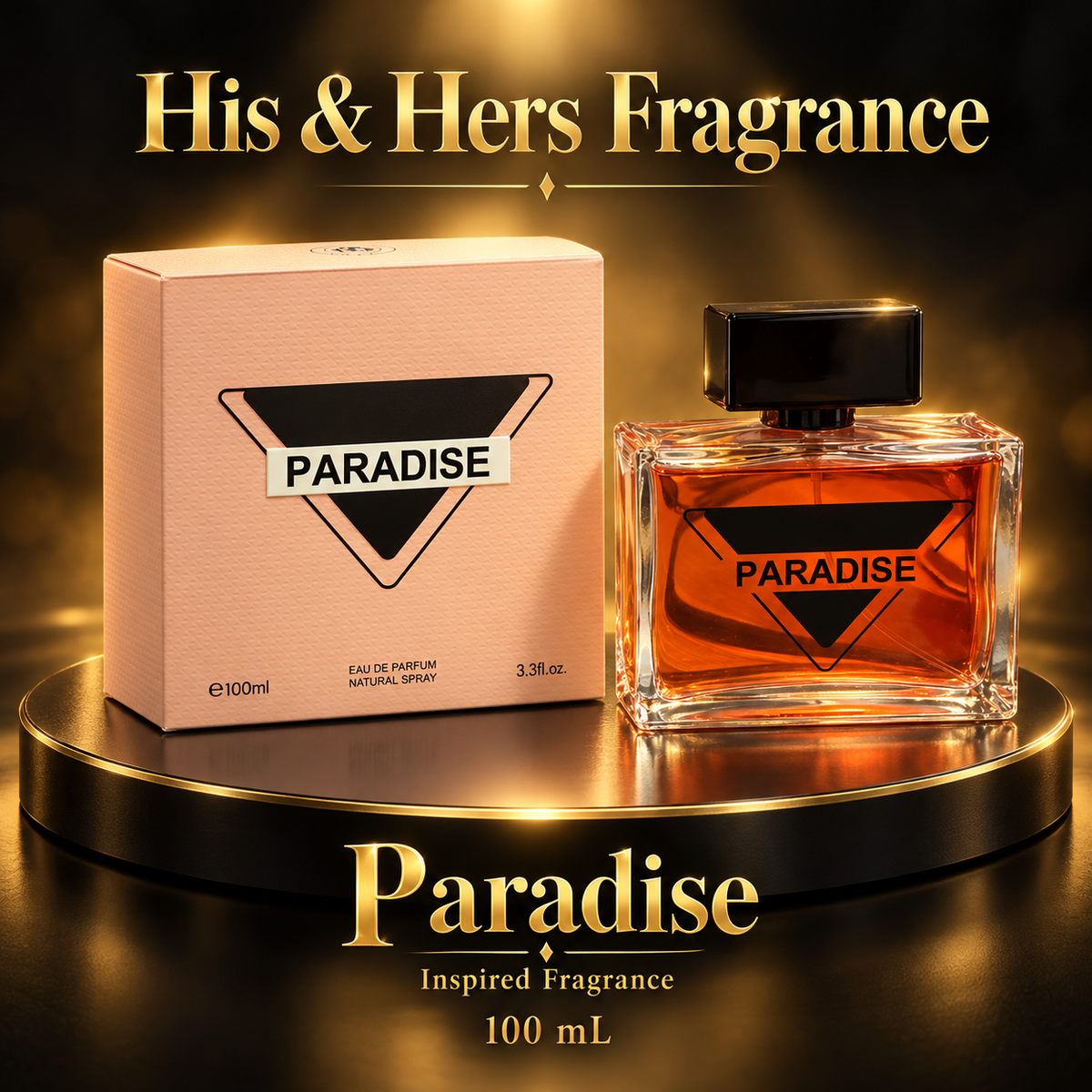 Paradise 100 mL — actual peach triangle carton and amber rectangular bottle with black cap, black and gold presentation.