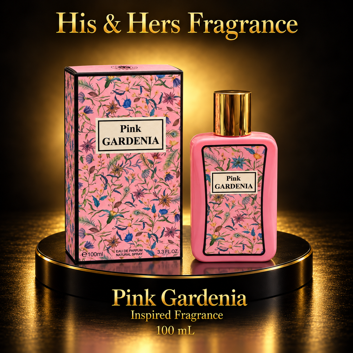 Pink Gardenia 100 mL with matching floral carton and opaque pink bottle, black and gold His & Hers Fragrance card.