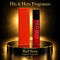 Red Sexy 95 mL tall red rectangular bottle with black cap and dotted lettering beside red carton