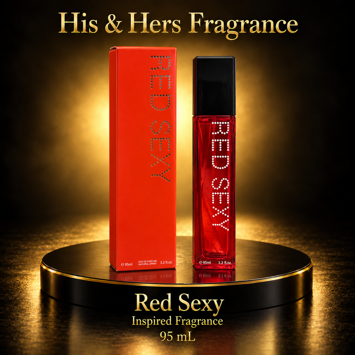 Red Sexy 95 mL tall red rectangular bottle with black cap and dotted lettering beside red carton