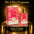 Sara Candy 90 mL coral and ivory carton with matching bottle and gold cap