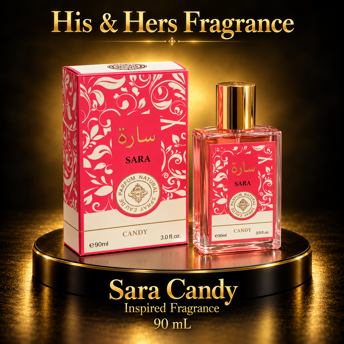 Sara Candy 90 mL coral and ivory carton with matching bottle and gold cap